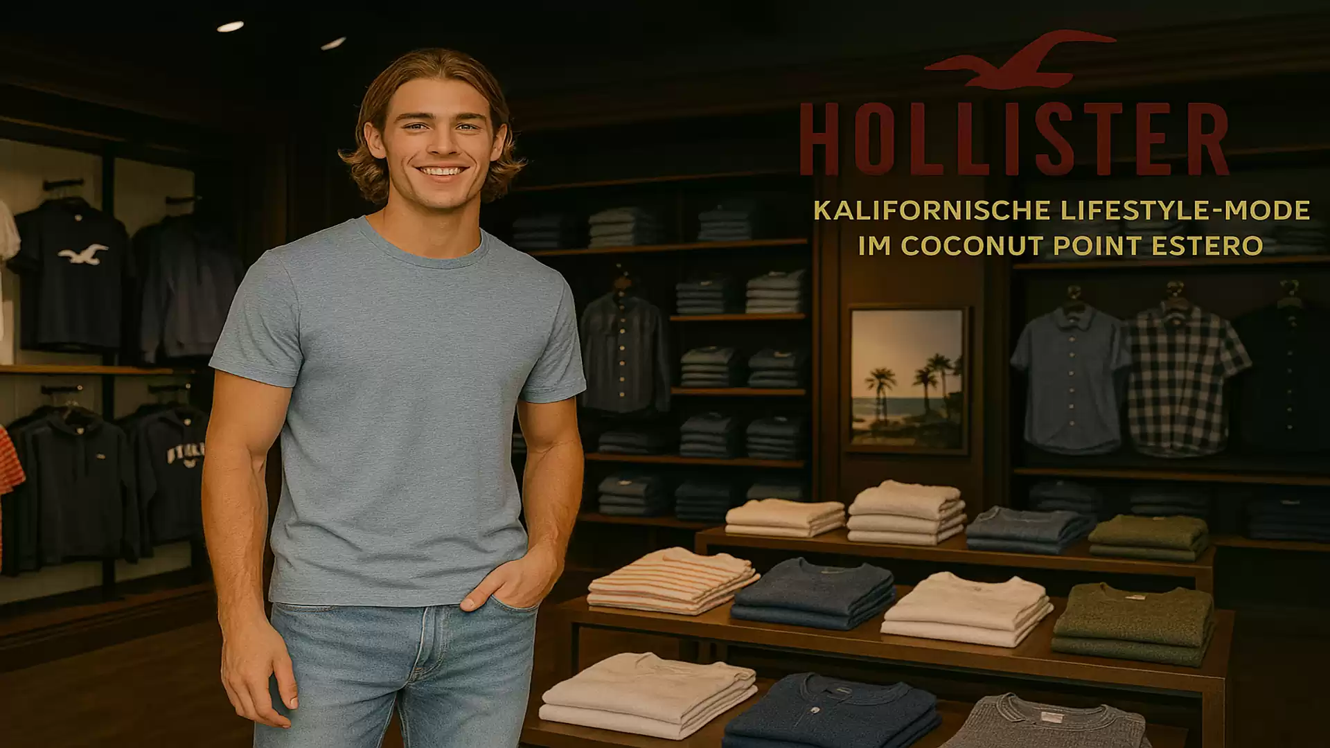 Man in a Hollister store surrounded by folded clothes and shelves with fashion items.