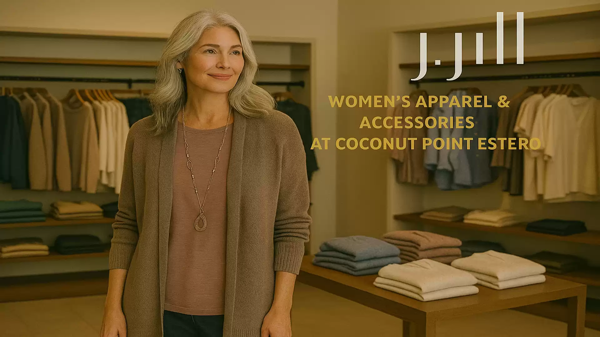 An older woman with gray hair stands in a clothing store in front of a shelf with folded clothes. The warm lighting and earthy colors create a cozy atmosphere.
