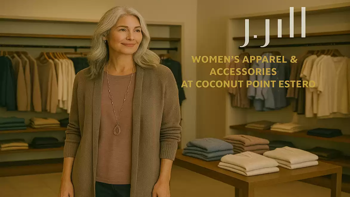 An older woman with gray hair stands in a clothing store in front of a shelf with folded clothes. The warm lighting and earthy colors create a cozy atmosphere.