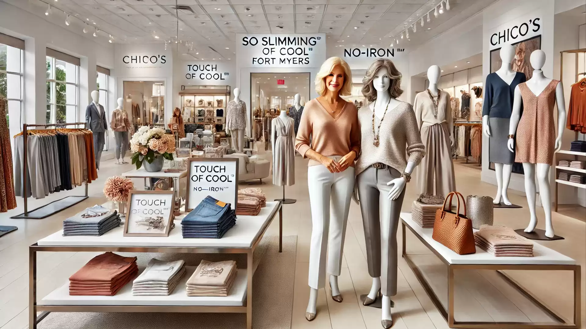 Interior view of a modern clothing store with elegant women's fashion and stylish decor.