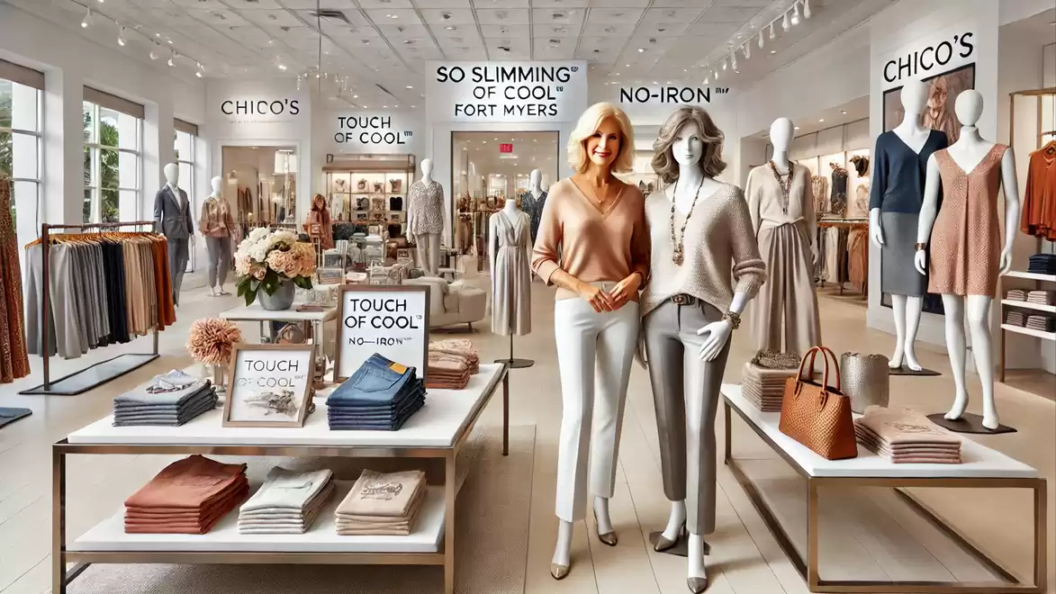 Interior view of a modern clothing store with elegant women's fashion and stylish decor.