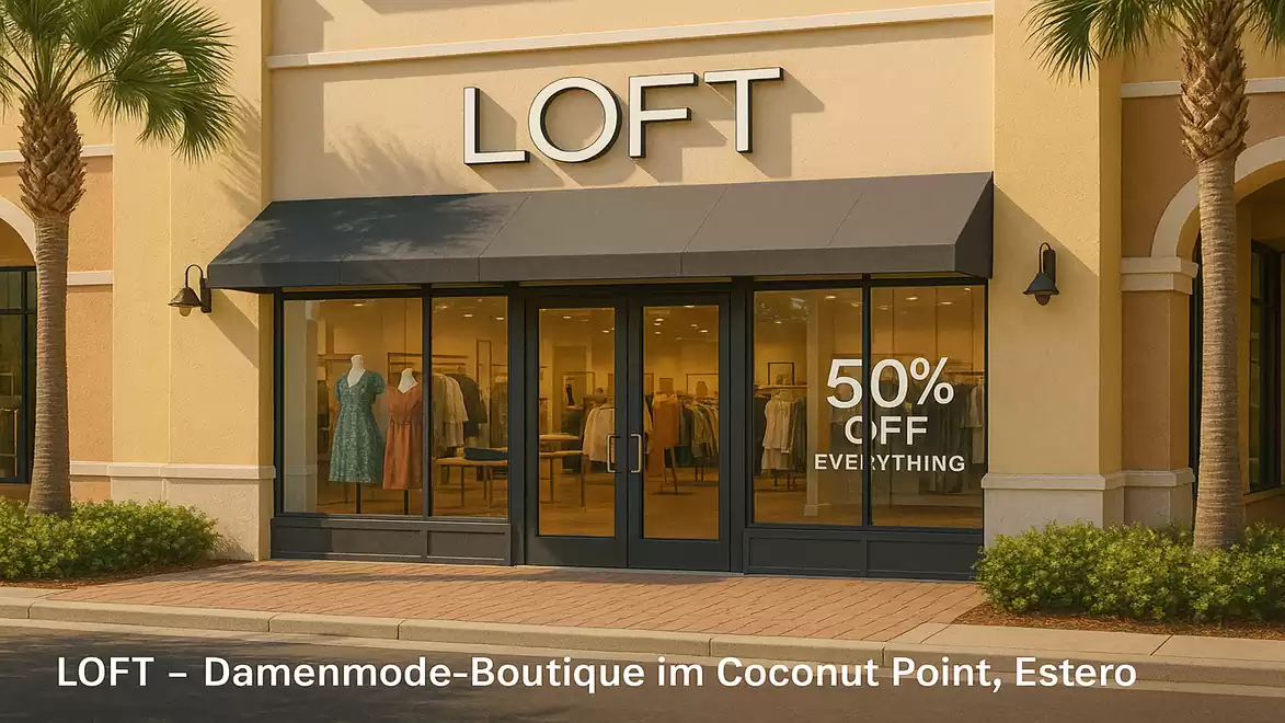 Entrance to the LOFT women's fashion boutique with 50% discount offers in the window, surrounded by palm trees in Coconut Point, Estero.
