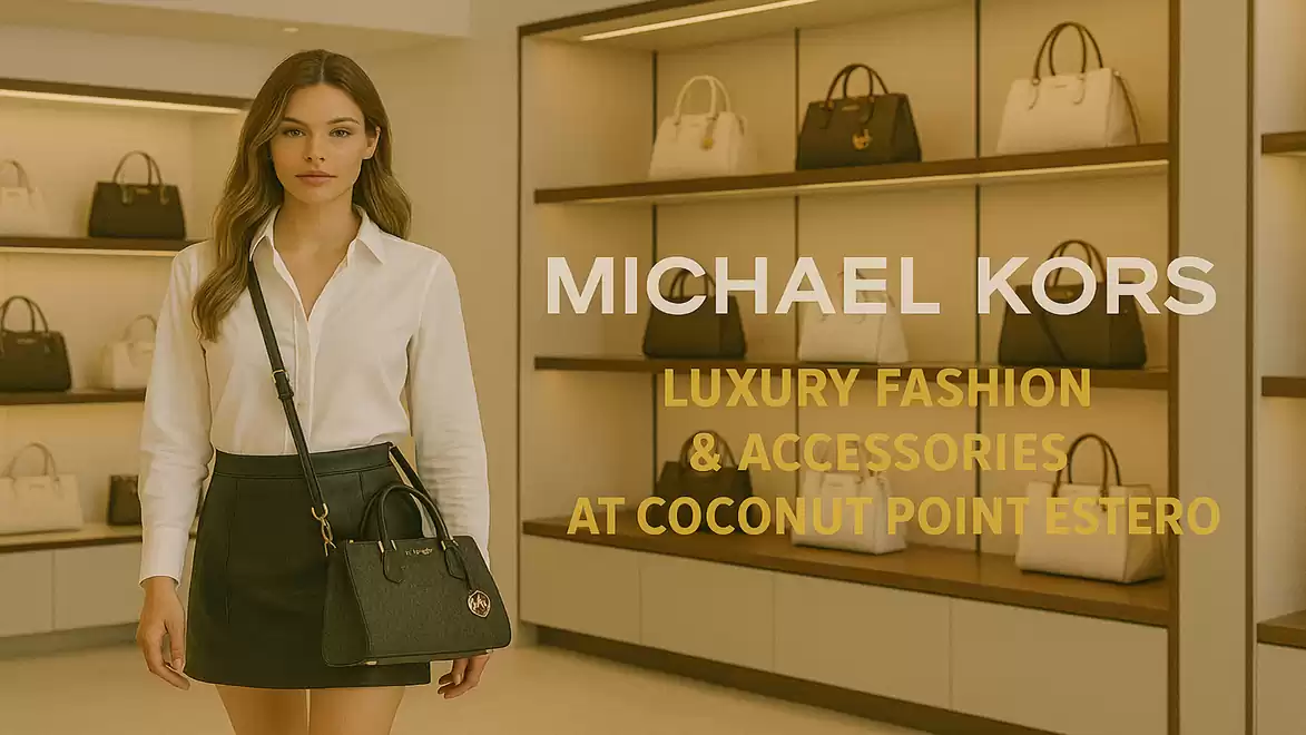 Woman in a Michael Kors store with luxury fashion and accessories, surrounded by bags and an eye-catching advertisement slogan.