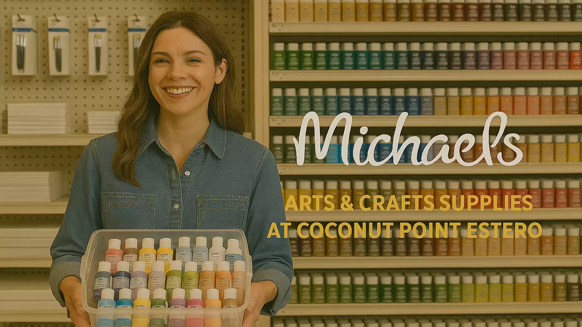 Woman holding a tray of paint bottles at Michaels arts and crafts store.