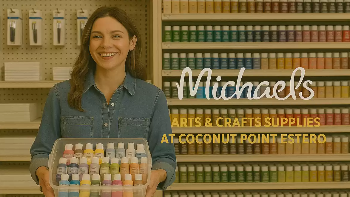 Woman holding a tray of paint bottles at Michaels arts and crafts store.