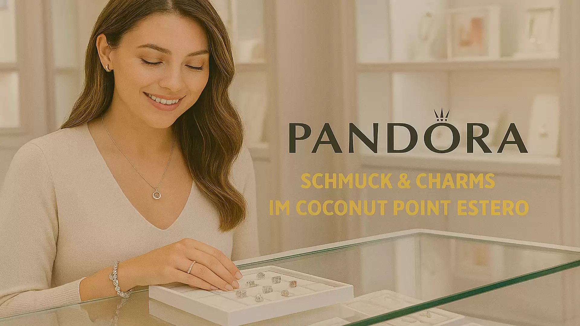 A smiling woman looking at jewelry pieces in a display. In the background is the Pandora logo with the text 'Jewelry & Charms at Coconut Point Estero'.