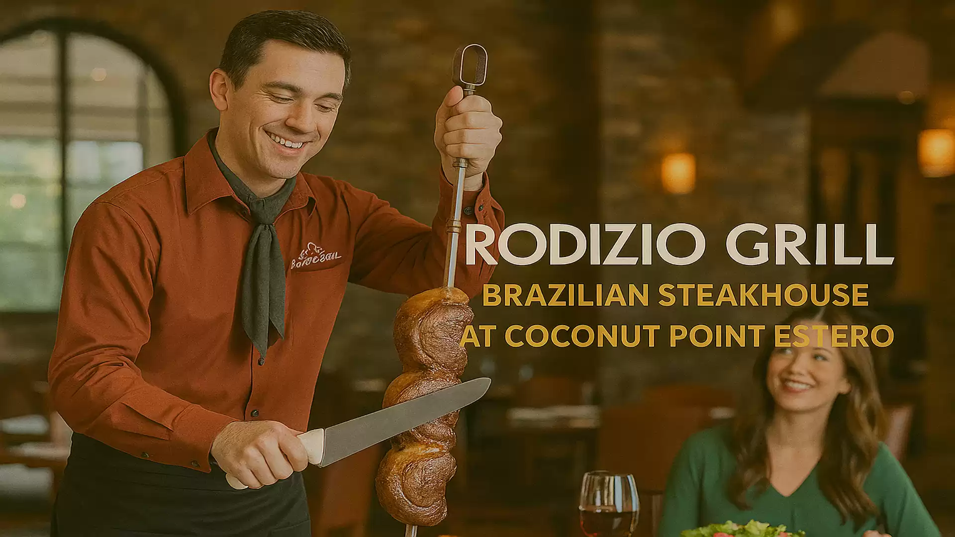 A waiter at Rodizio Grill restaurant carving meat from a skewer for a woman at a table.