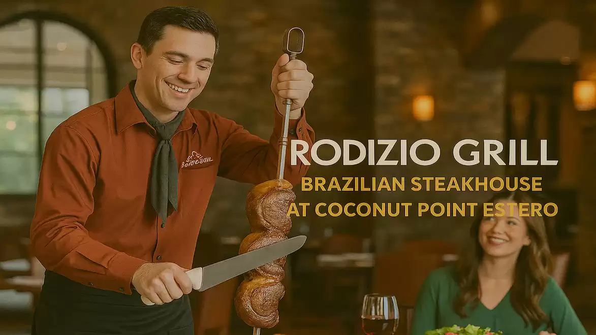 A waiter at Rodizio Grill restaurant carving meat from a skewer for a woman at a table.