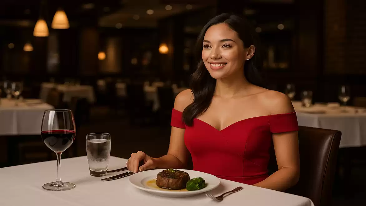 Woman in a red dress having dinner at an elegant restaurant, with a glass of red wine beside her.