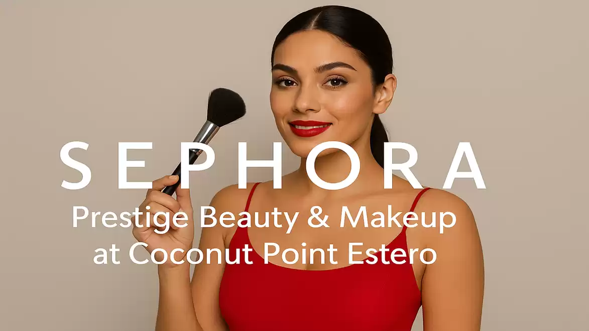 Woman in red dress holding a makeup brush, overlaid with Sephora advertisement for Prestige Beauty and Makeup at Coconut Point Estero.