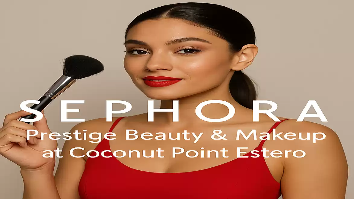 Woman in red top holding a makeup brush against a light background. SEPHORA Prestige Beauty & Makeup at Coconut Point Estero.
