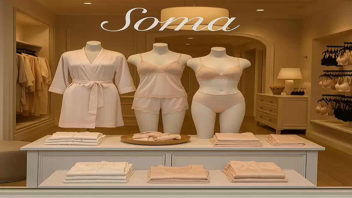 Shop window with three mannequins in lingerie, surrounded by folded clothing. There's a uniform color scheme in soft beige and white tones. The text 'Soma' is visible at the top.