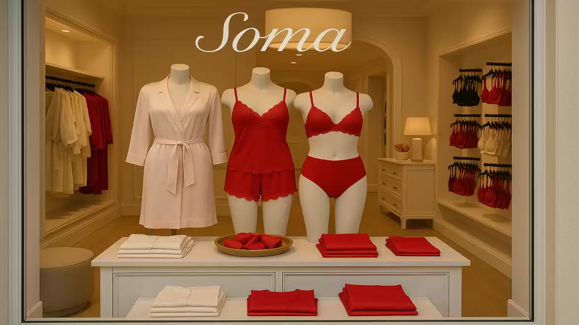 Storefront display of a lingerie shop with three mannequins dressed in red and white, surrounded by folded garments.