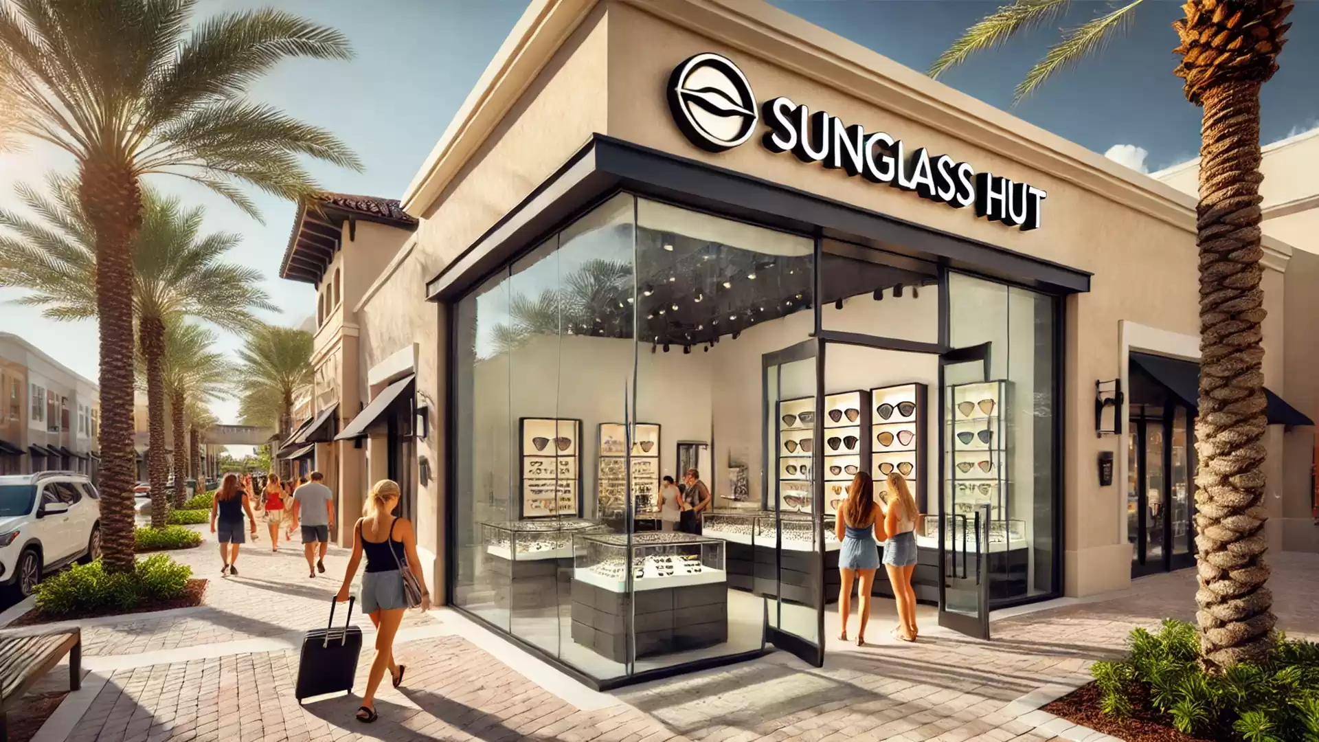 A modern sunglasses store in a sunny shopping mall. Customers browse in the bright and stylish setting.