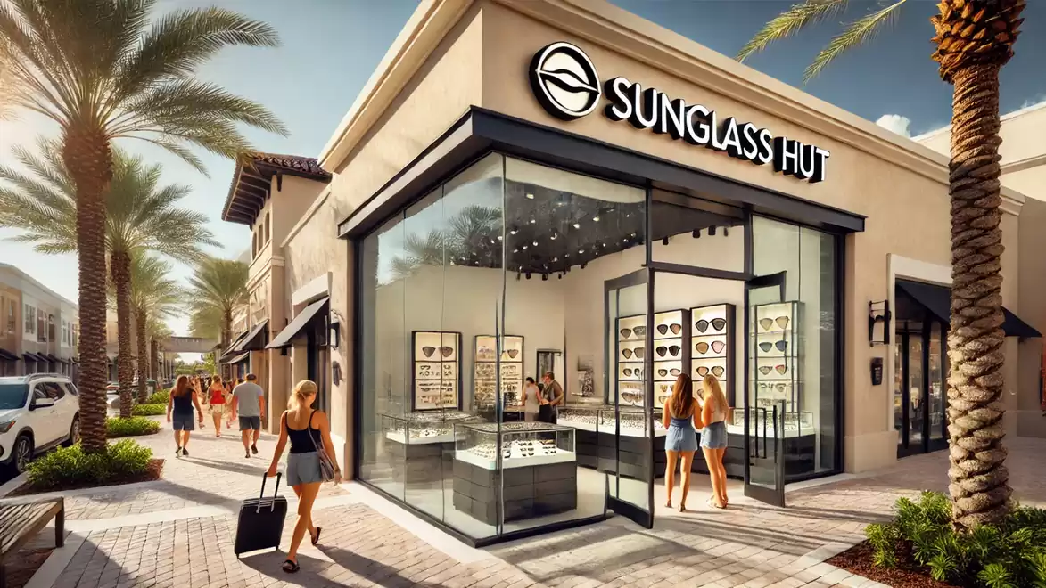 A modern sunglasses store in a sunny shopping mall. Customers browse in the bright and stylish setting.
