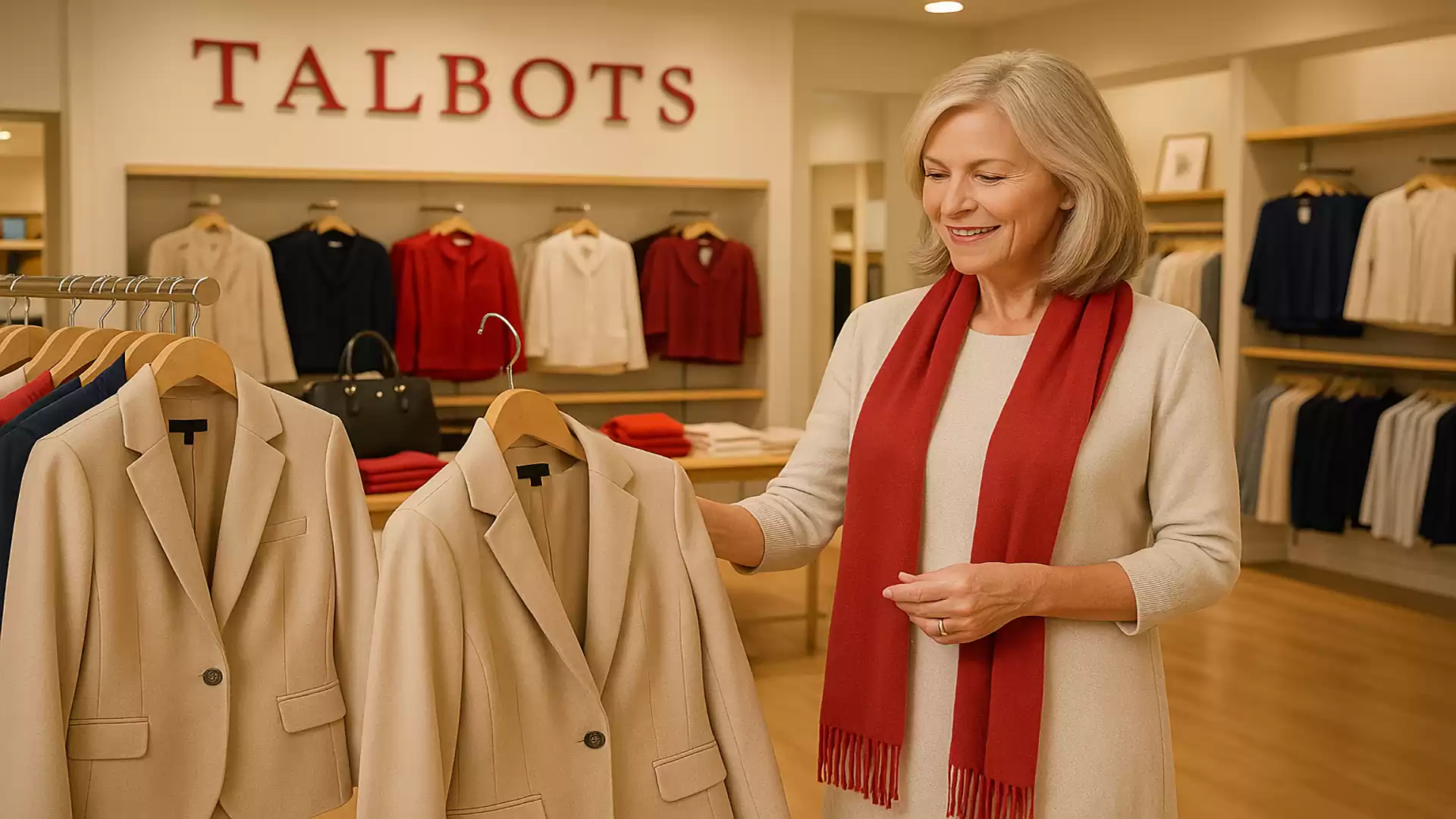 A woman looks at beige jackets in a fashion store called Talbots, surrounded by stylish clothing.