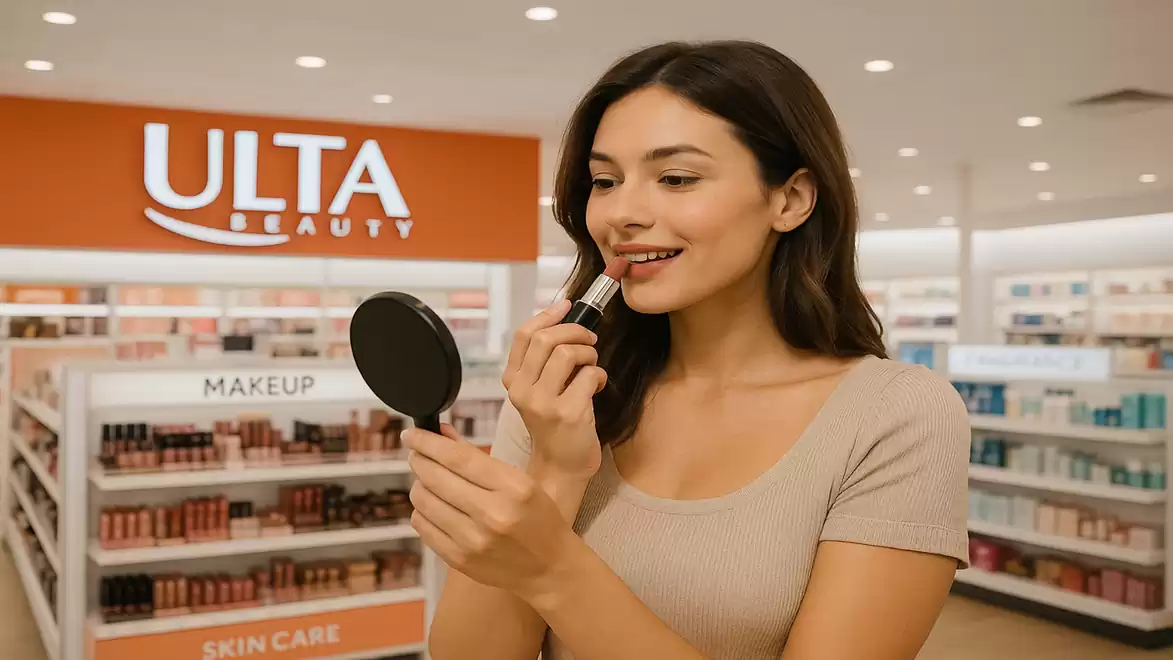 Woman applying lipstick in a cosmetic store in front of a mirror.