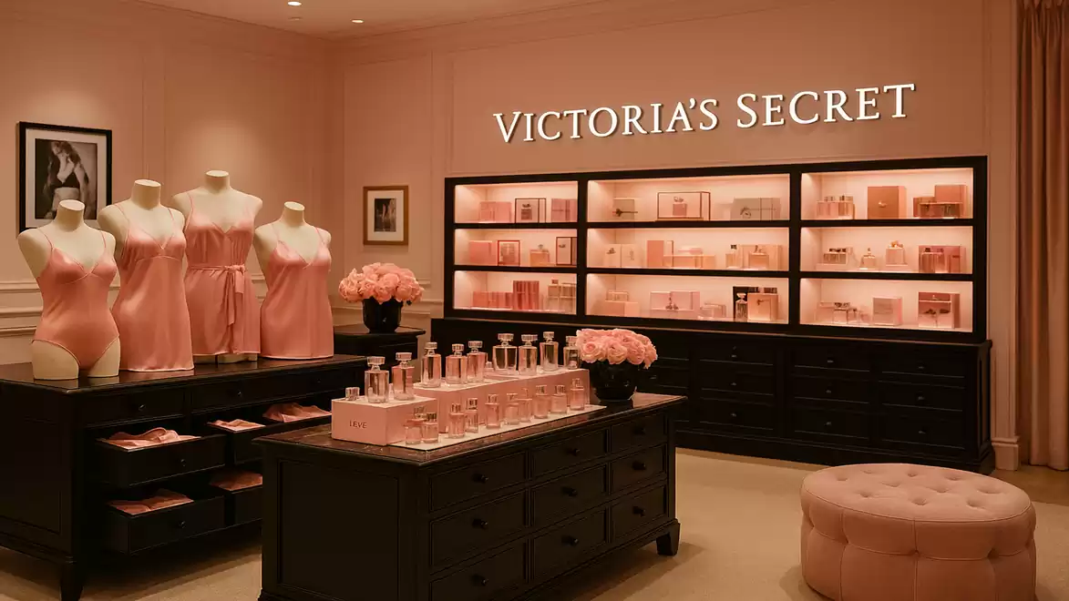 A Victoria's Secret store with pink decoration and perfume bottles on the table, shelves with products in the background.