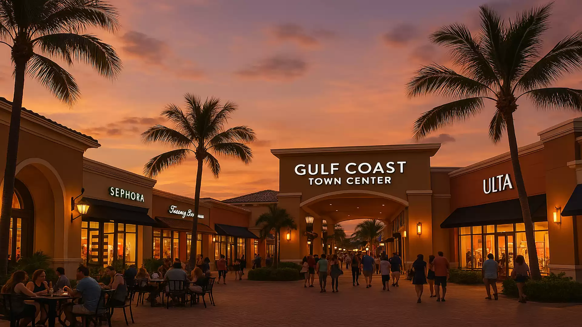 Evening view of the Gulf Coast Town Center with lit stores and palm trees.