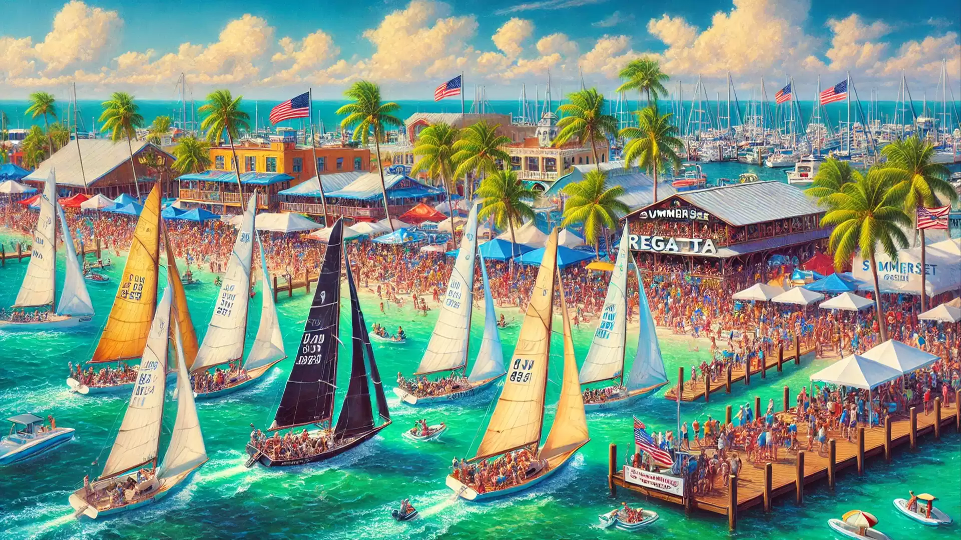 Colorful sailboats at a lively regatta near a beach with palm trees and many spectators.
