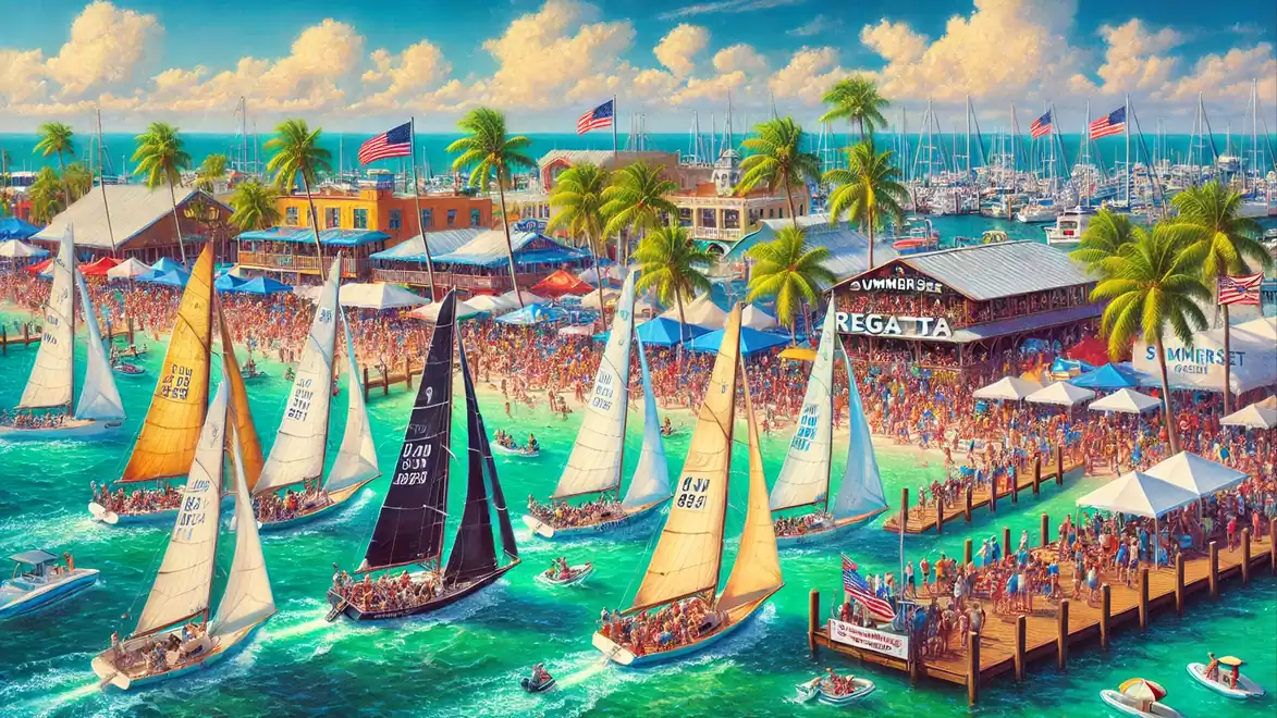 Colorful sailboats at a lively regatta near a beach with palm trees and many spectators.