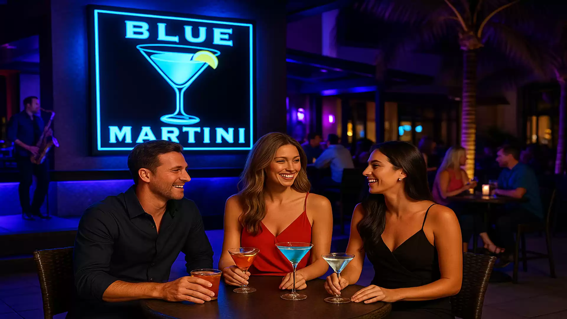 Three people in a stylish bar enjoying cocktails under a blue neon sign with a martini glass logo.