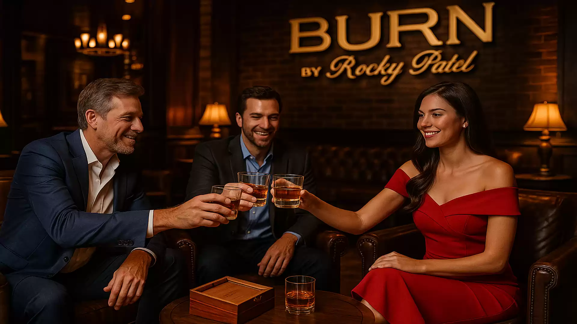Three people in elegant attire clinking glasses in a stylish lounge, with the 'Burn by Rocky Patel' logo in the background.