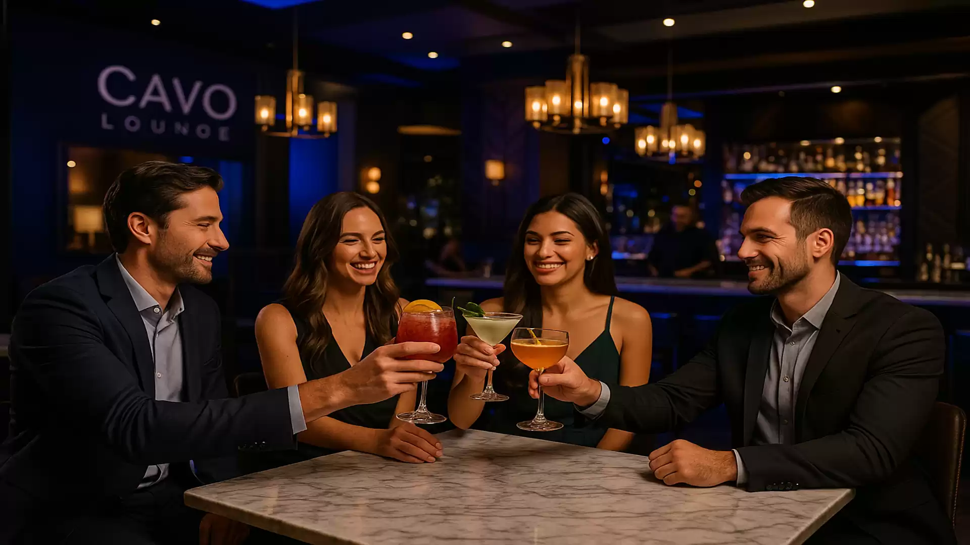Four people toasting with cocktails in a stylish lounge.