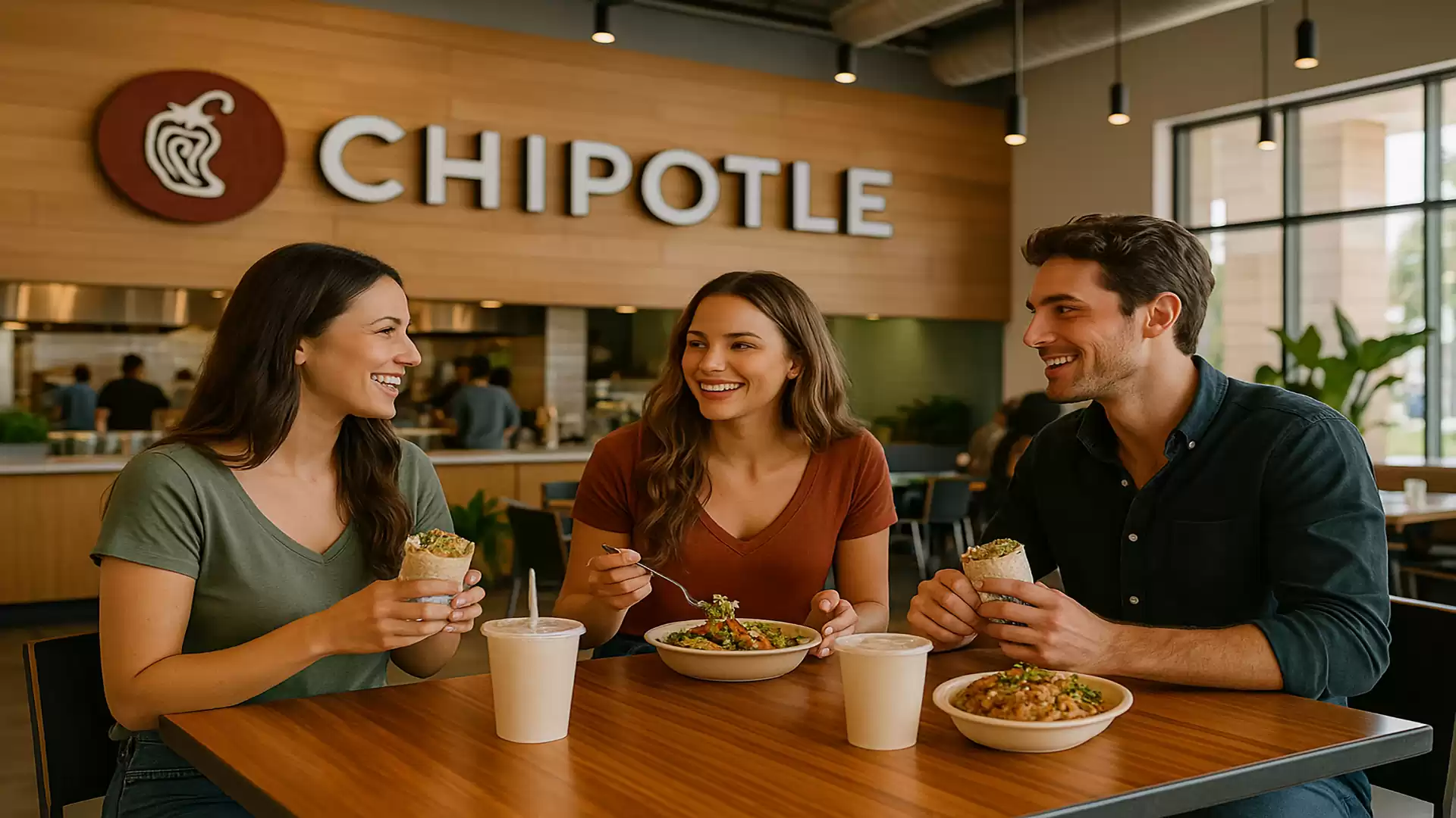 Three smiling people sitting at a table in a Chipotle restaurant enjoying their meal.