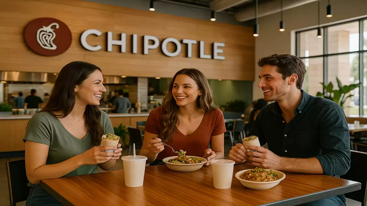 Three smiling people sitting at a table in a Chipotle restaurant enjoying their meal.