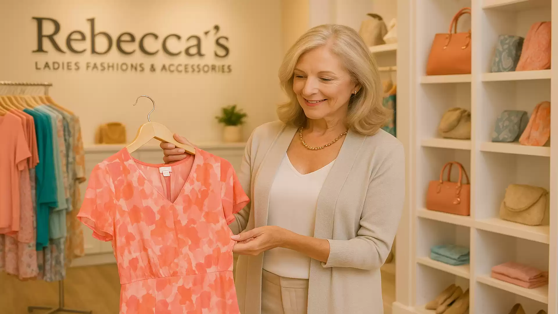 An elderly woman smiles as she looks at a pink patterned dress in a clothing store named Rebecca's.