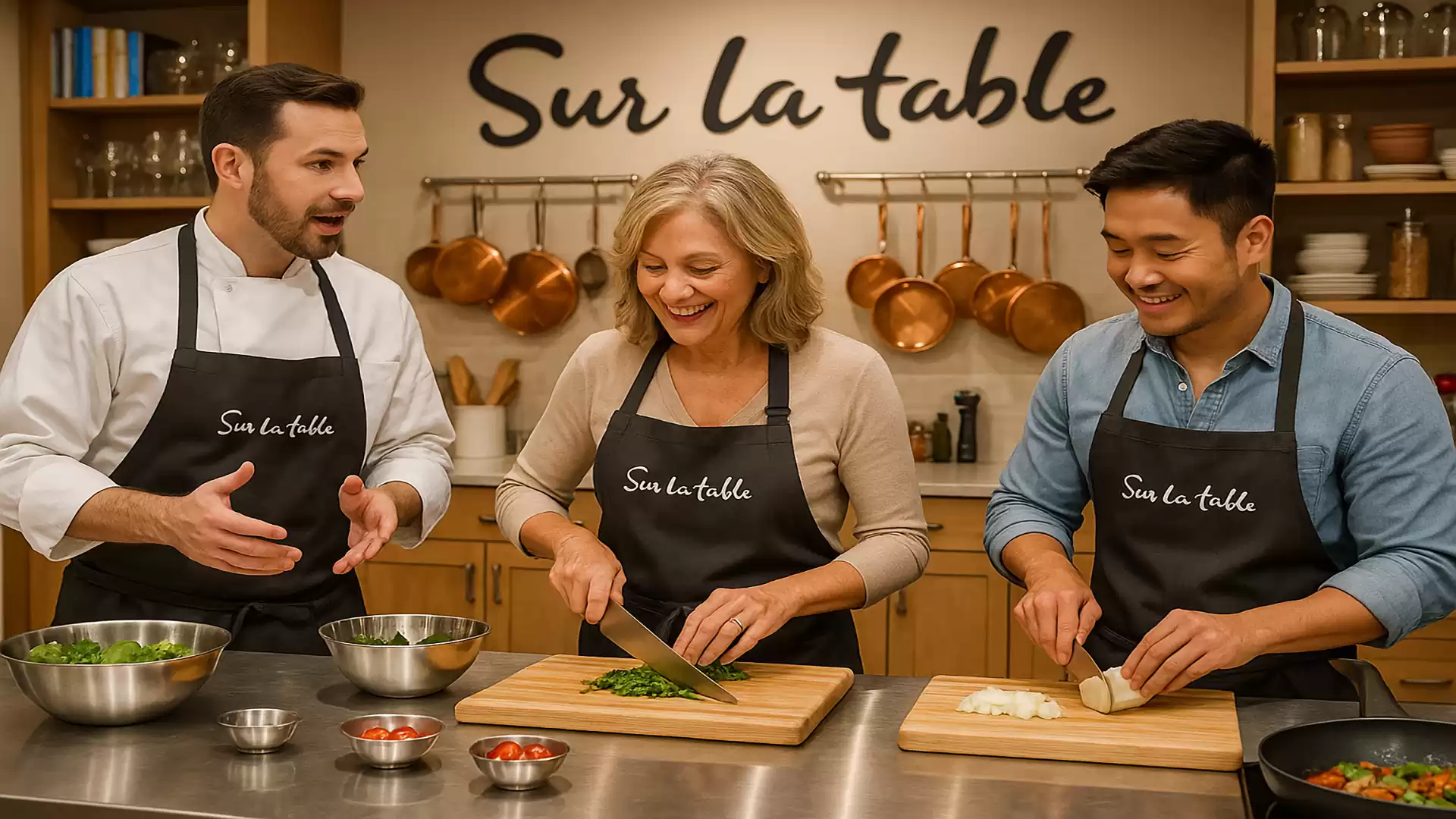 Three people in a Sur La Table cooking class chopping vegetables and preparing a meal together.