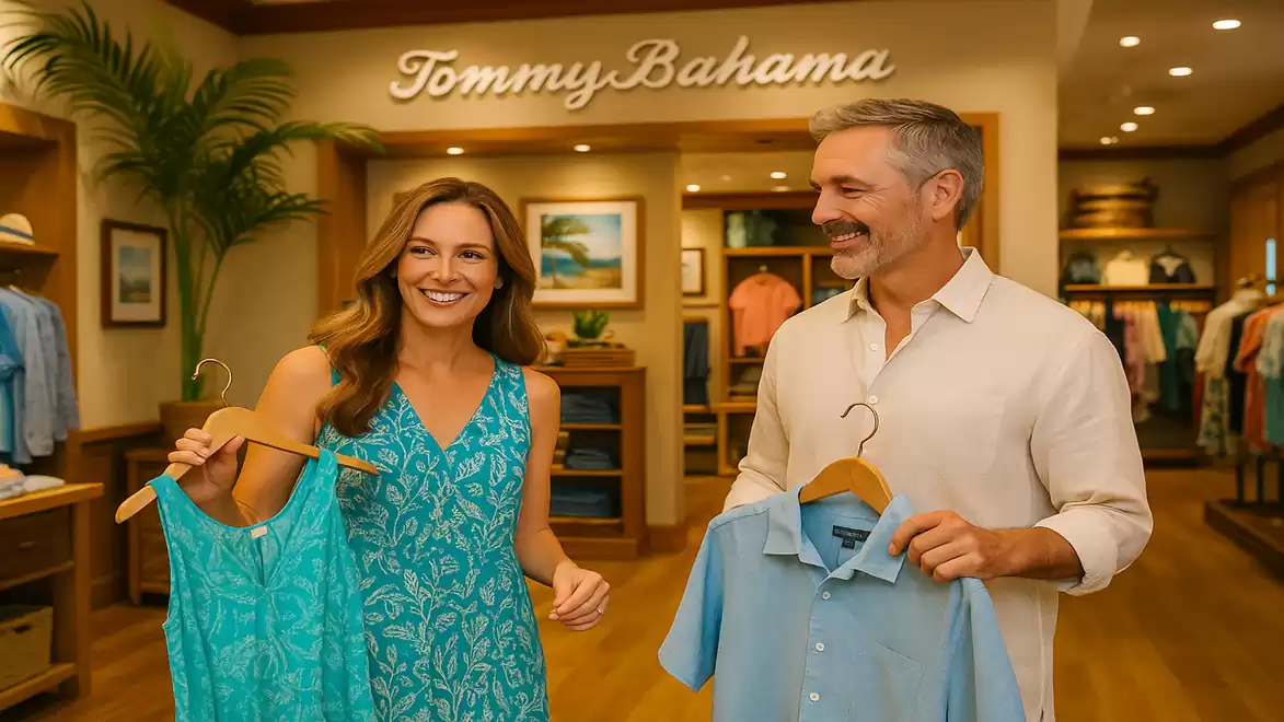 A man and a woman smiling while looking at clothing in a Tommy Bahama store.