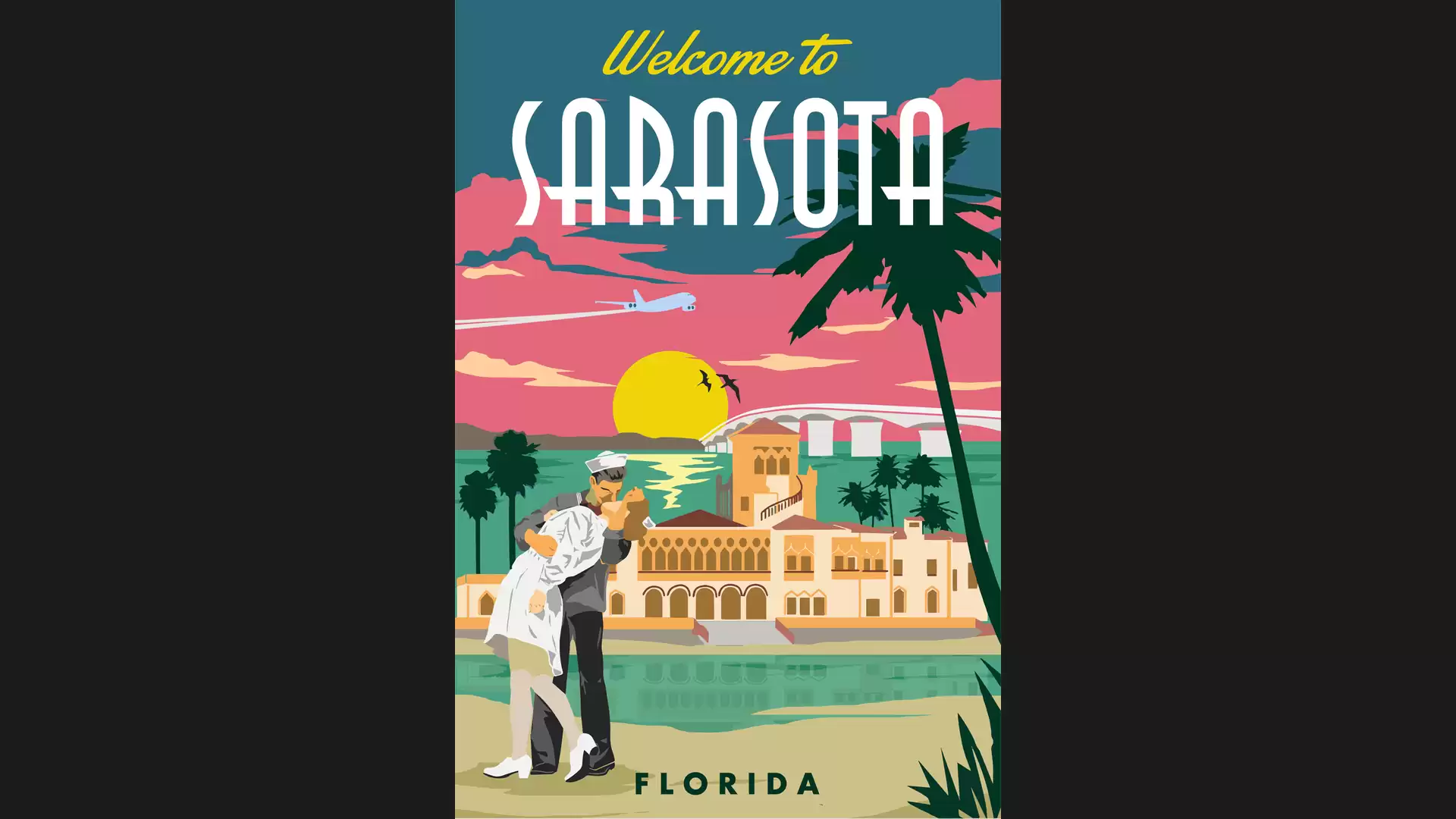 Retro travel poster of Sarasota, Florida featuring a couple and palm trees in the foreground, a yellow sunset, and a building in the background.