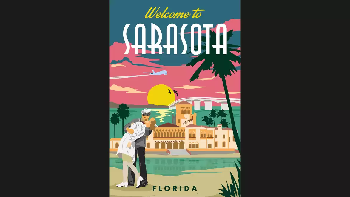 Retro travel poster of Sarasota, Florida featuring a couple and palm trees in the foreground, a yellow sunset, and a building in the background.