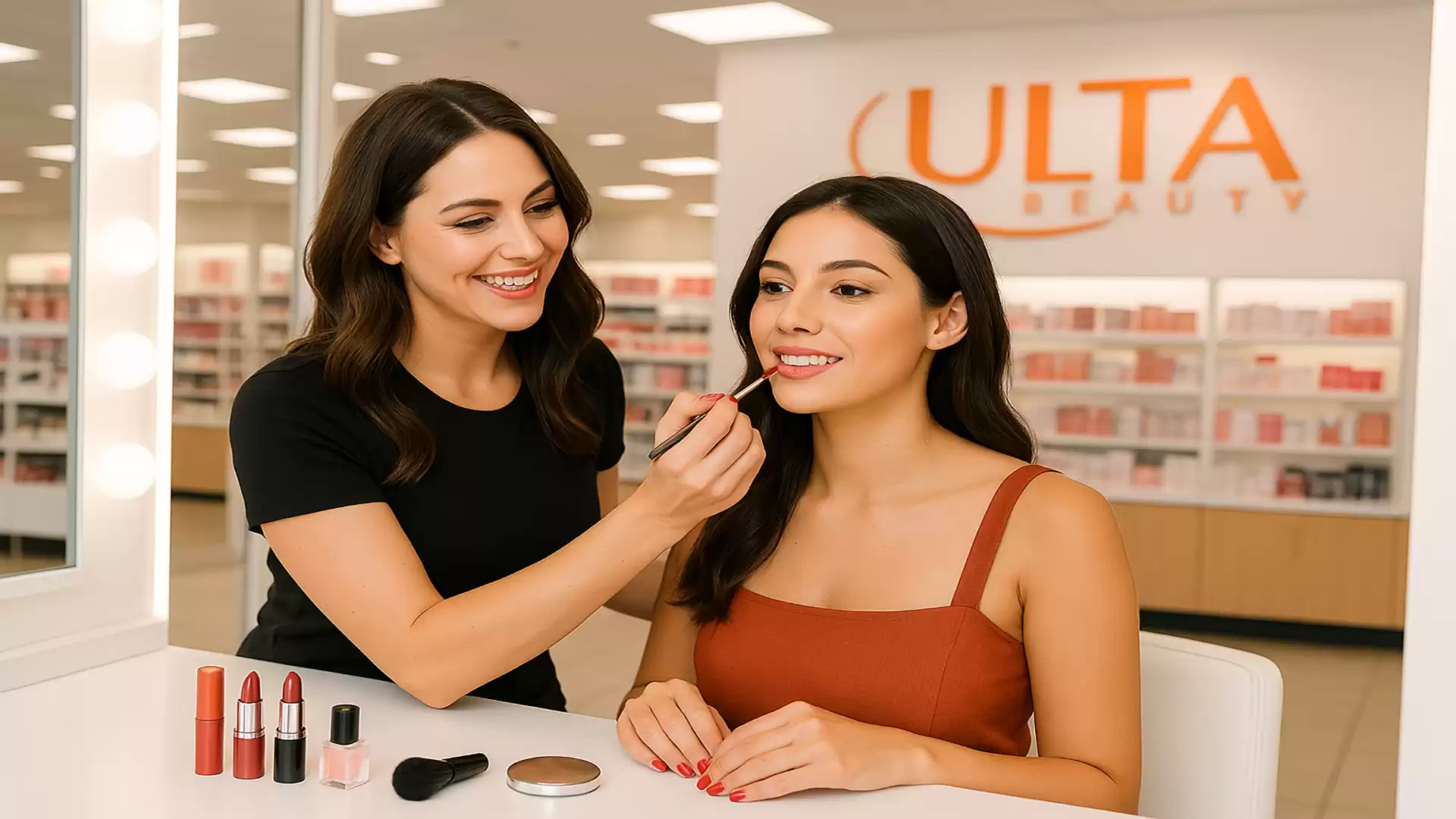 Two women in a cosmetics store, one applying lipstick to the other.