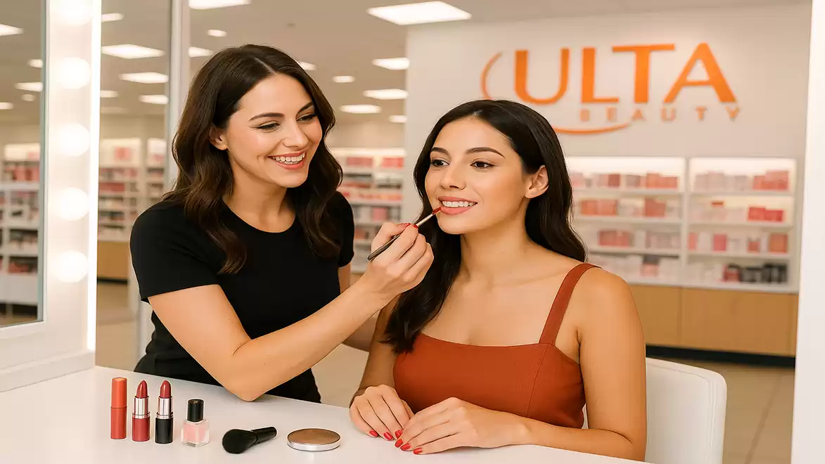 Two women in a cosmetics store, one applying lipstick to the other.