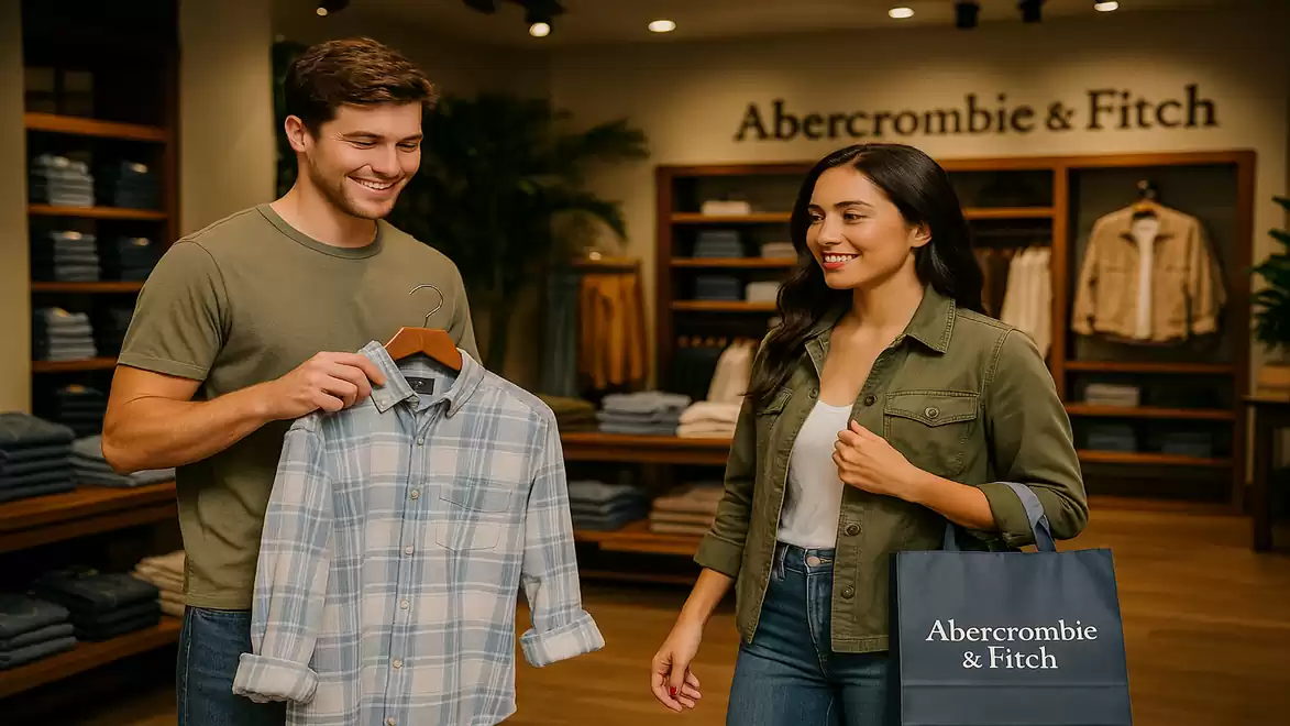 Two people smiling in a clothing store, with one person holding a plaid shirt. An Abercrombie & Fitch shopping bag is visible.