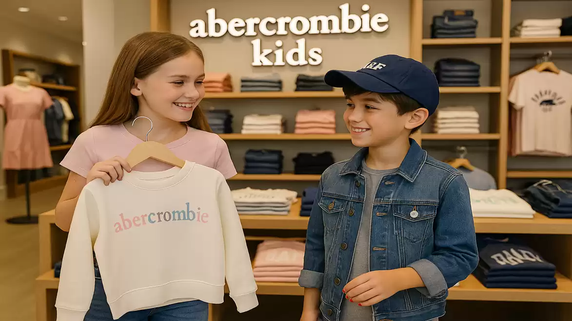 Two children smiling in an Abercrombie Kids store. A girl holds up a white sweater with the Abercrombie logo, while a boy stands next to her in a denim jacket and baseball cap.