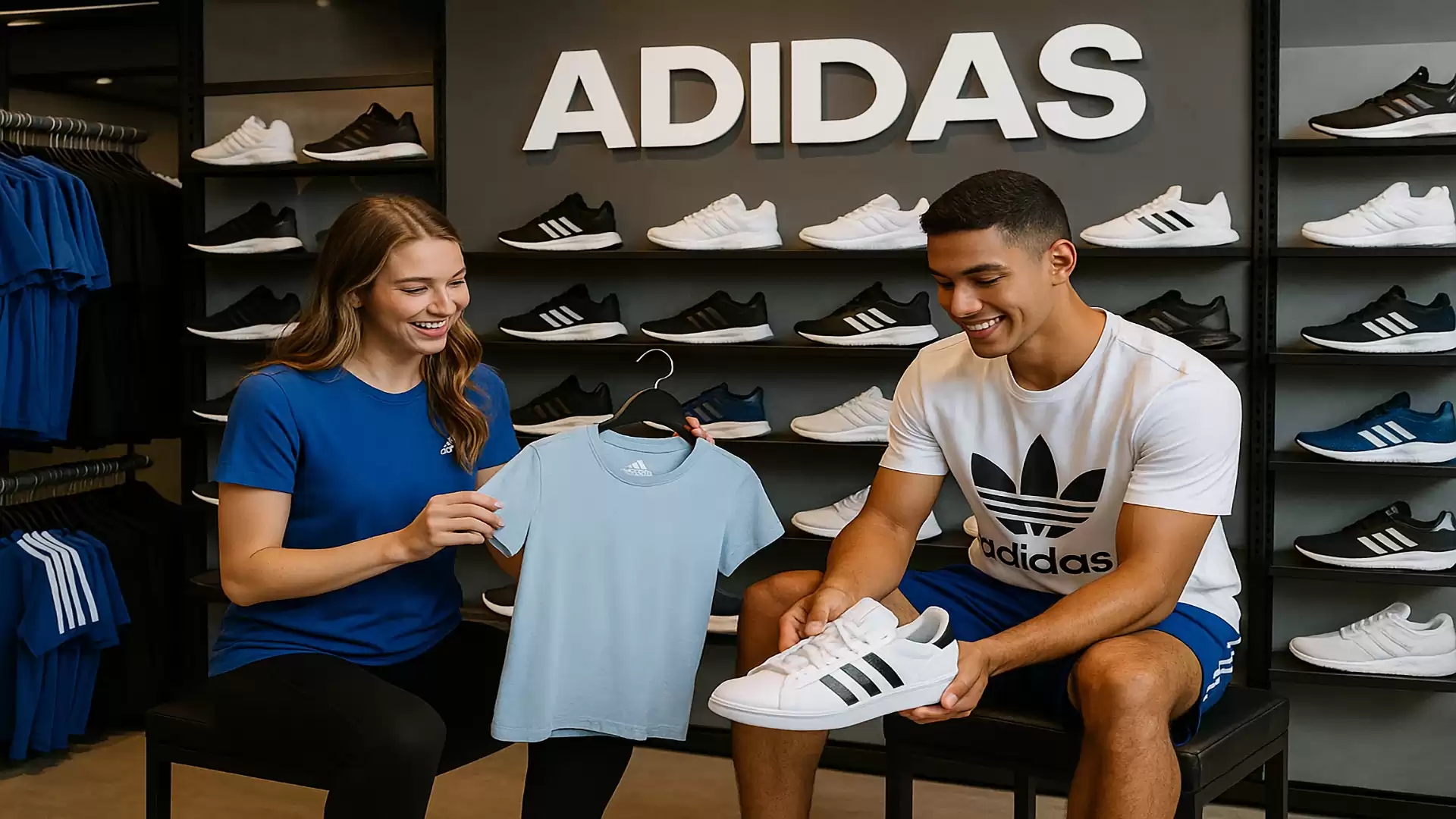 Two people in an Adidas store looking at a blue T-shirt and a pair of white sneakers.