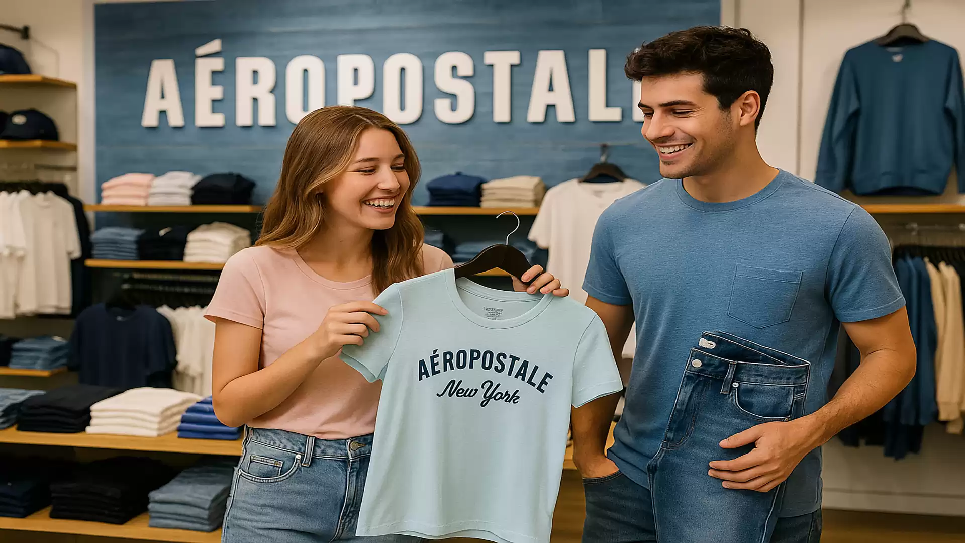 A smiling couple in a clothing store holding a light blue T-shirt with 'Aéropostale New York' printed on it.