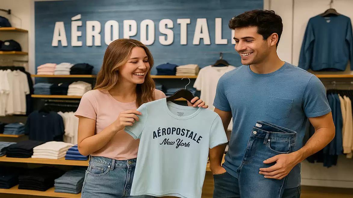 A smiling couple in a clothing store holding a light blue T-shirt with 'Aéropostale New York' printed on it.