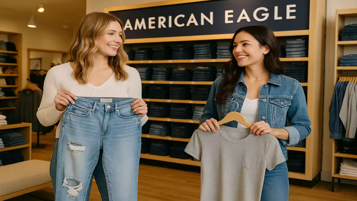 Two women shopping at an American Eagle store, holding jeans and a grey t-shirt.