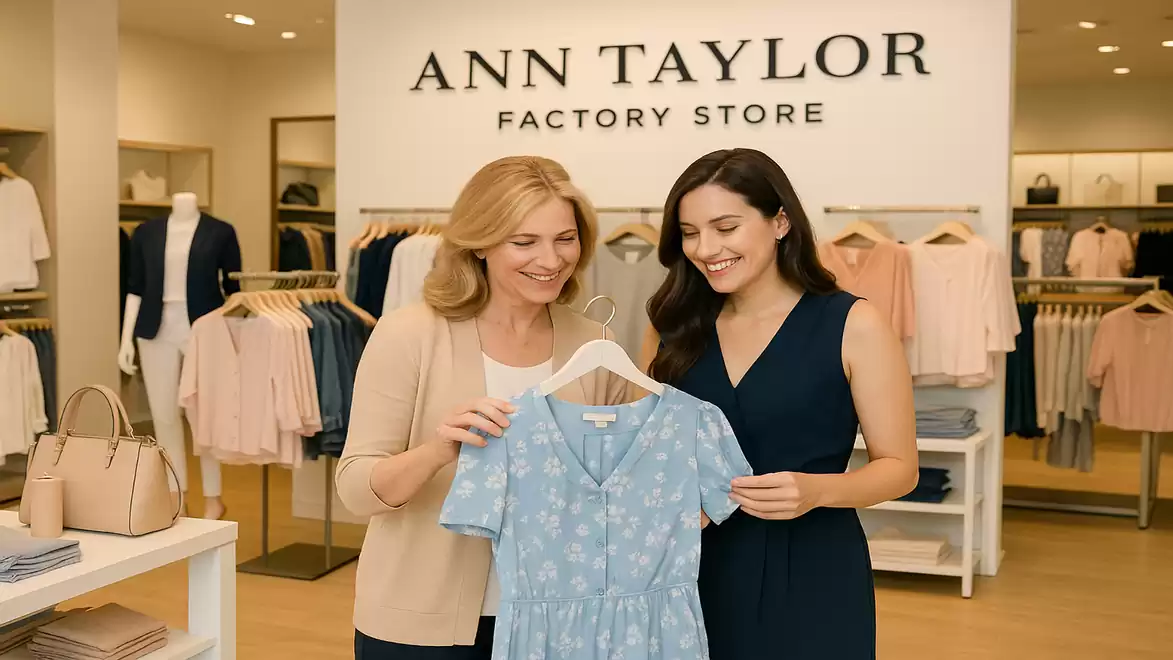 Two women in an Ann Taylor Factory Store smile while looking at a blue dress. The background displays garments on racks.