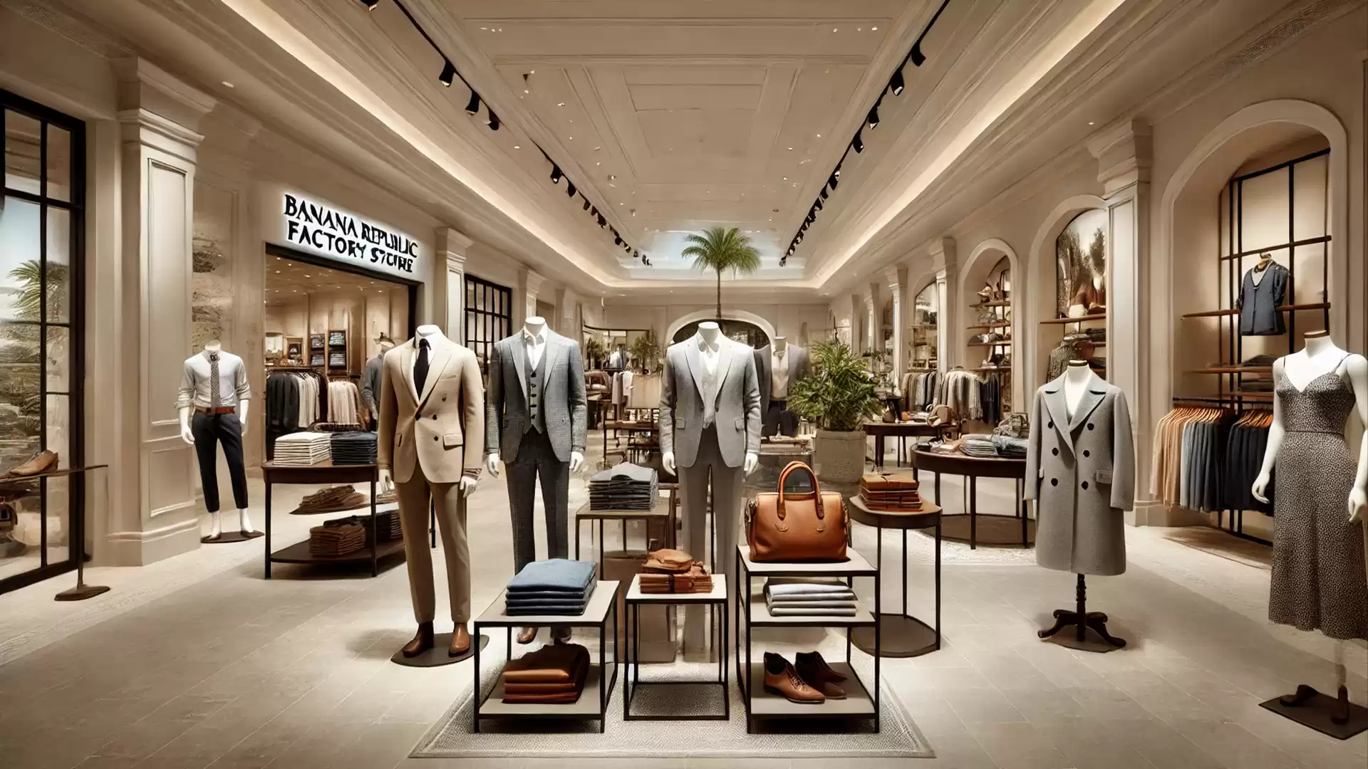 Interior view of an elegant clothing store with suits and dresses. Several mannequins display fashionable outfits in a stylish shop with decorative lighting.