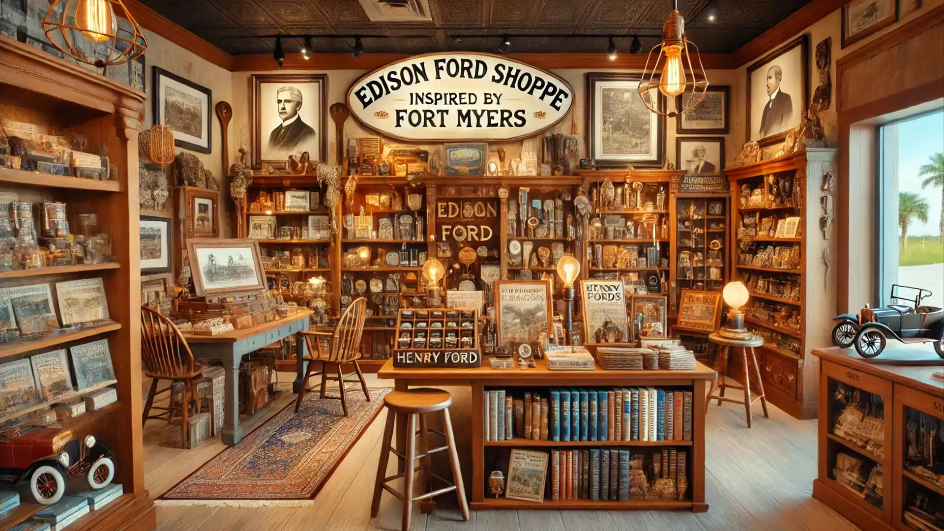 A classically furnished room full of antique books and memorabilia with a large 'Edison Ford Shoppe' sign on the wall.