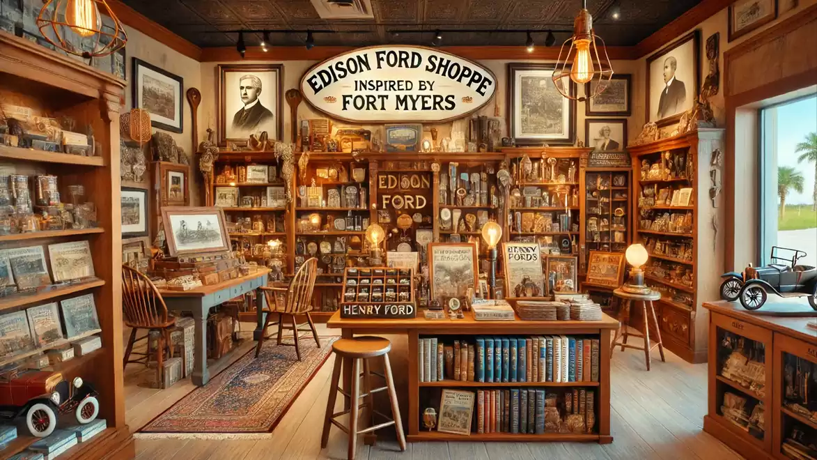 A classically furnished room full of antique books and memorabilia with a large 'Edison Ford Shoppe' sign on the wall.