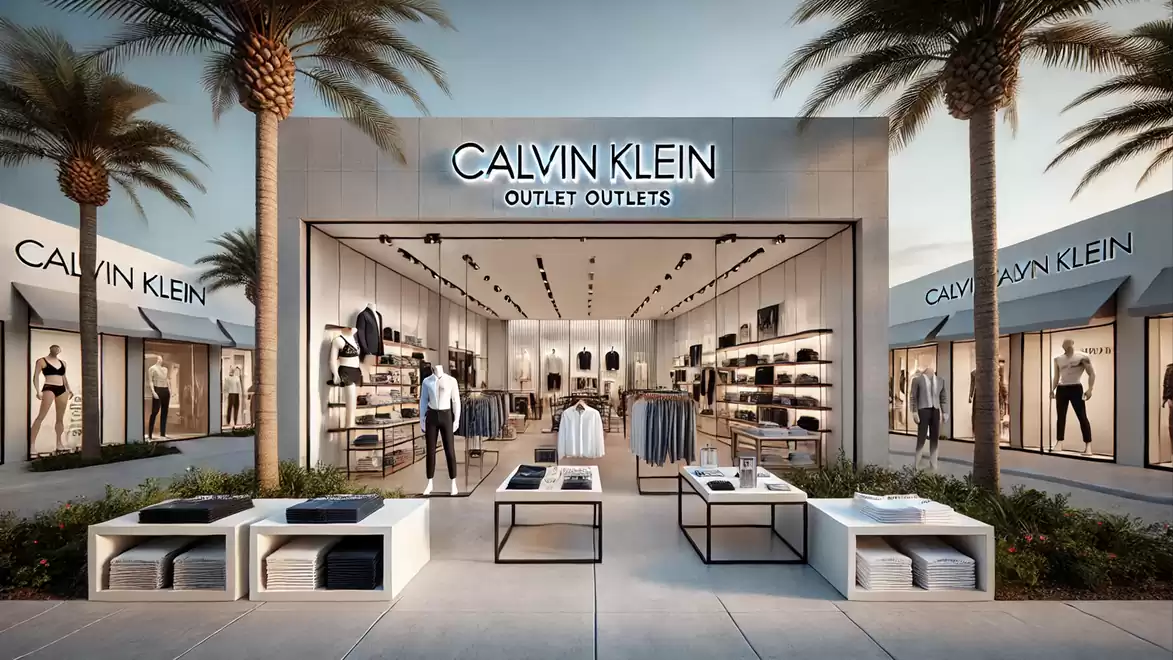Entrance of a Calvin Klein outlet store with mannequins and clothing on shelves. Palm trees flank the entrance.