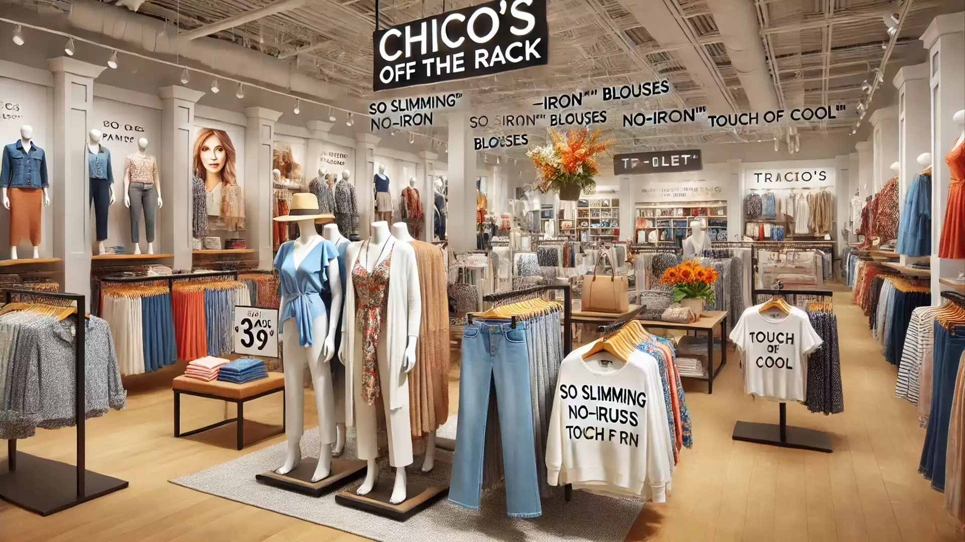 A modern clothing store with stylish displays, mannequins dressed in trendy outfits, and promotional signs for various garments.