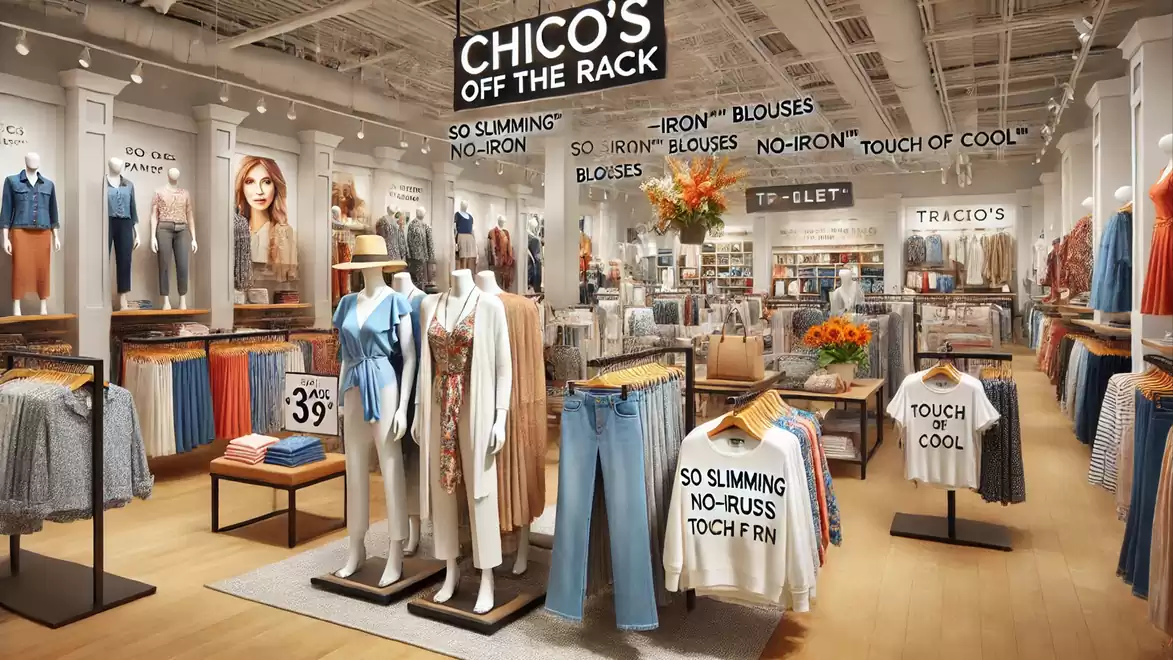 A modern clothing store with stylish displays, mannequins dressed in trendy outfits, and promotional signs for various garments.